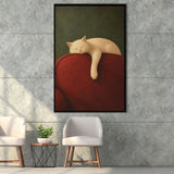 White Cat Red Chair, Cozy Living Room Wall Art, Sleeping Cat Print, Framed Canvas Print, Floating Frame