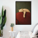 White Cat Red Chair, Cozy Living Room Wall Art, Sleeping Cat Print, Framed Canvas Print, Floating Frame