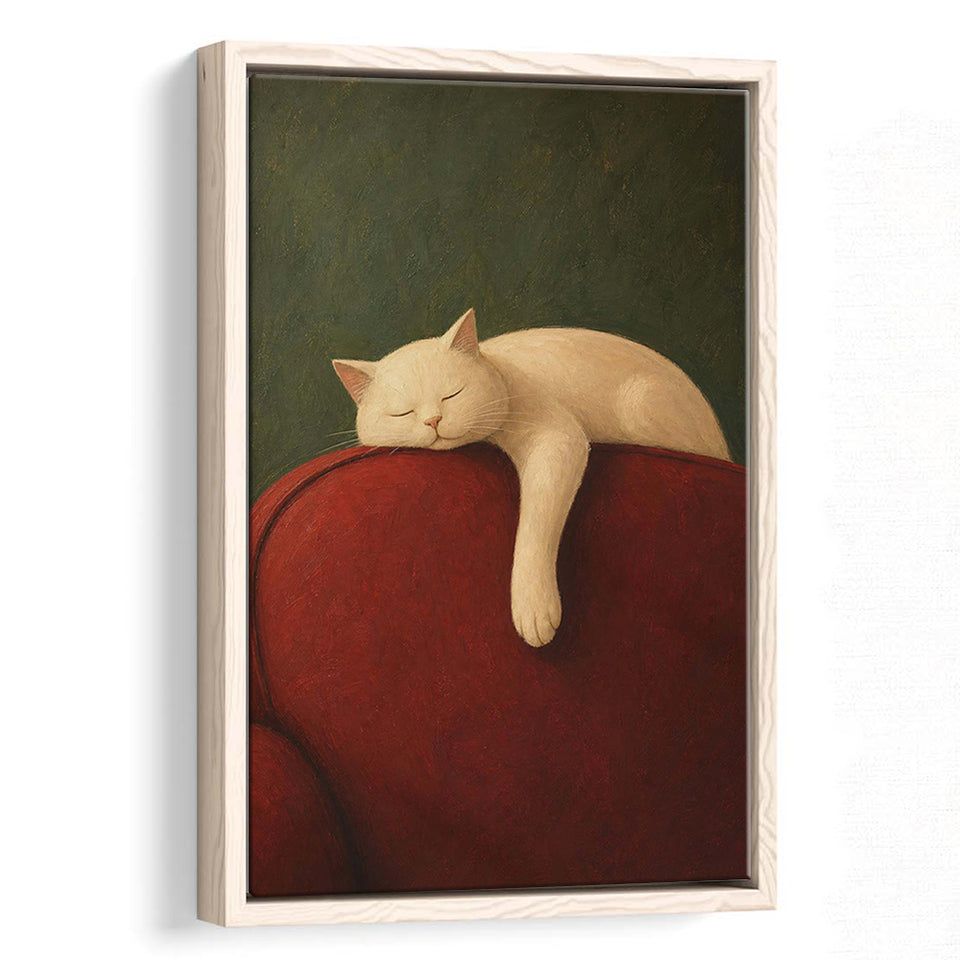 White Cat Red Chair, Cozy Living Room Wall Art, Sleeping Cat Print, Framed Canvas Print, Floating Frame