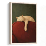 White Cat Red Chair, Cozy Living Room Wall Art, Sleeping Cat Print, Framed Canvas Print, Floating Frame