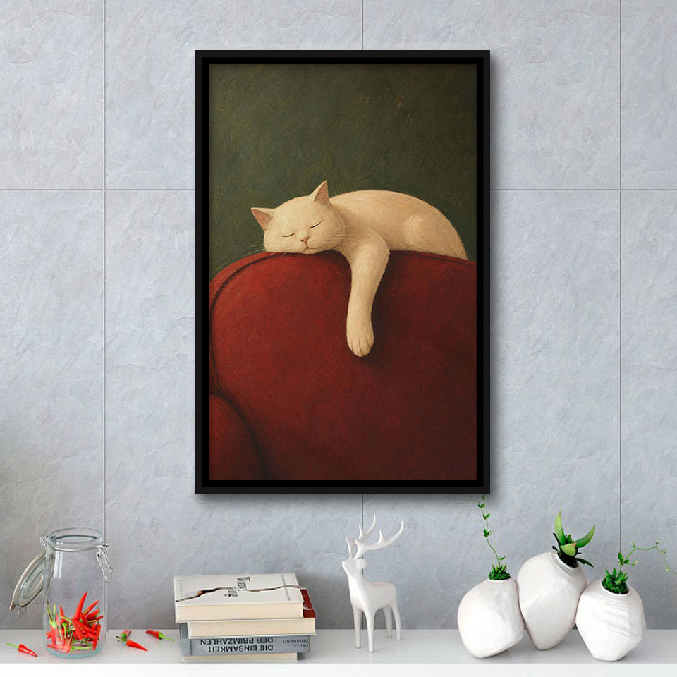 White Cat Red Chair, Cozy Living Room Wall Art, Sleeping Cat Print, Framed Canvas Print, Floating Frame