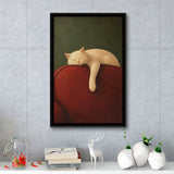 White Cat Red Chair, Cozy Living Room Wall Art, Sleeping Cat Print, Framed Canvas Print, Floating Frame