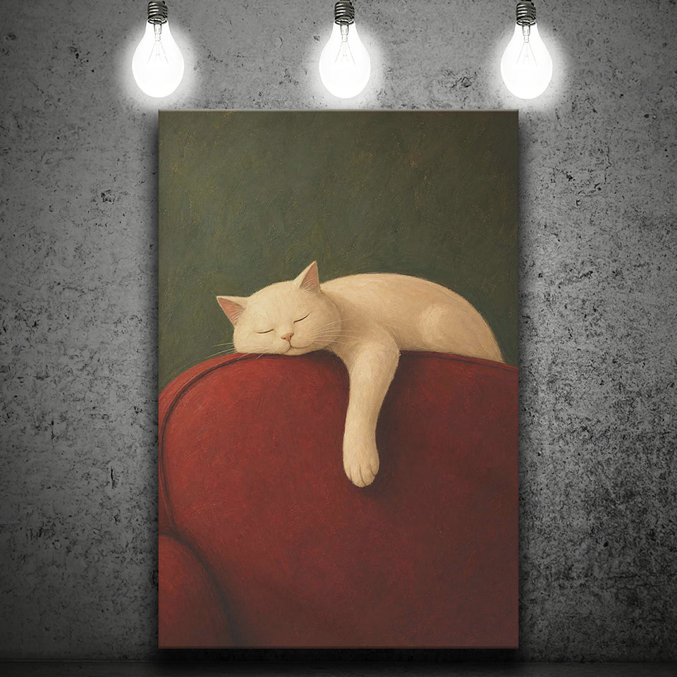 White Cat Red Chair, Cozy Living Room Wall Art, Sleeping Cat Print, Canvas Print Wall Art, Wall Decor