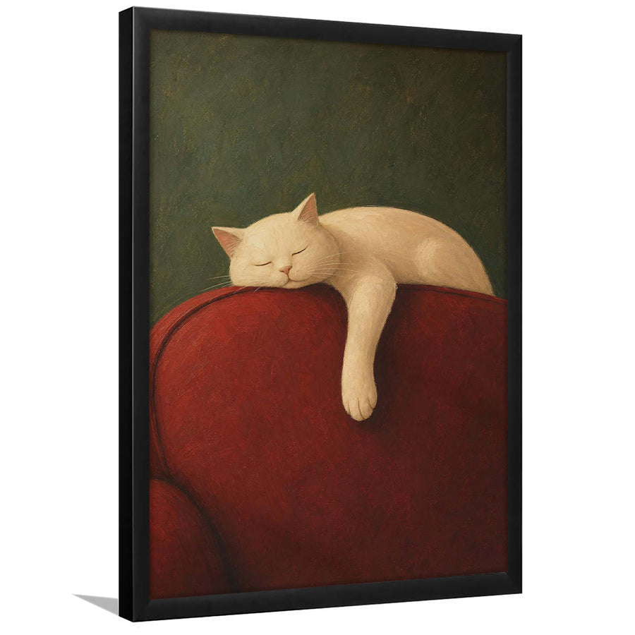 White Cat Red Chair, Cozy Living Room Wall Art, Sleeping Cat Print, Framed Art Print, Fine Art Wall Decor