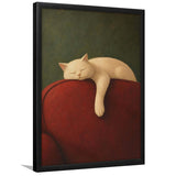 White Cat Red Chair, Cozy Living Room Wall Art, Sleeping Cat Print, Framed Art Print, Fine Art Wall Decor