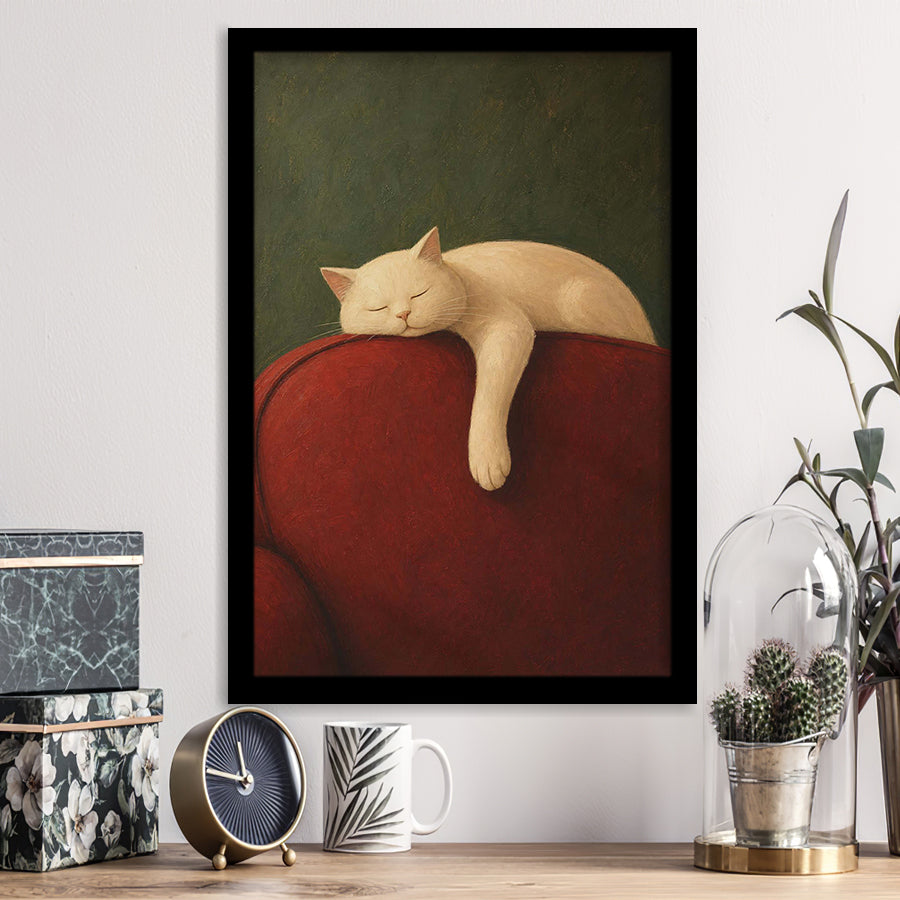 White Cat Red Chair, Cozy Living Room Wall Art, Sleeping Cat Print, Framed Art Print, Fine Art Wall Decor