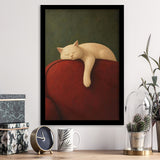 White Cat Red Chair, Cozy Living Room Wall Art, Sleeping Cat Print, Framed Art Print, Fine Art Wall Decor