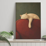 White Cat Red Chair, Cozy Living Room Wall Art, Sleeping Cat Print, Canvas Print Wall Art, Wall Decor