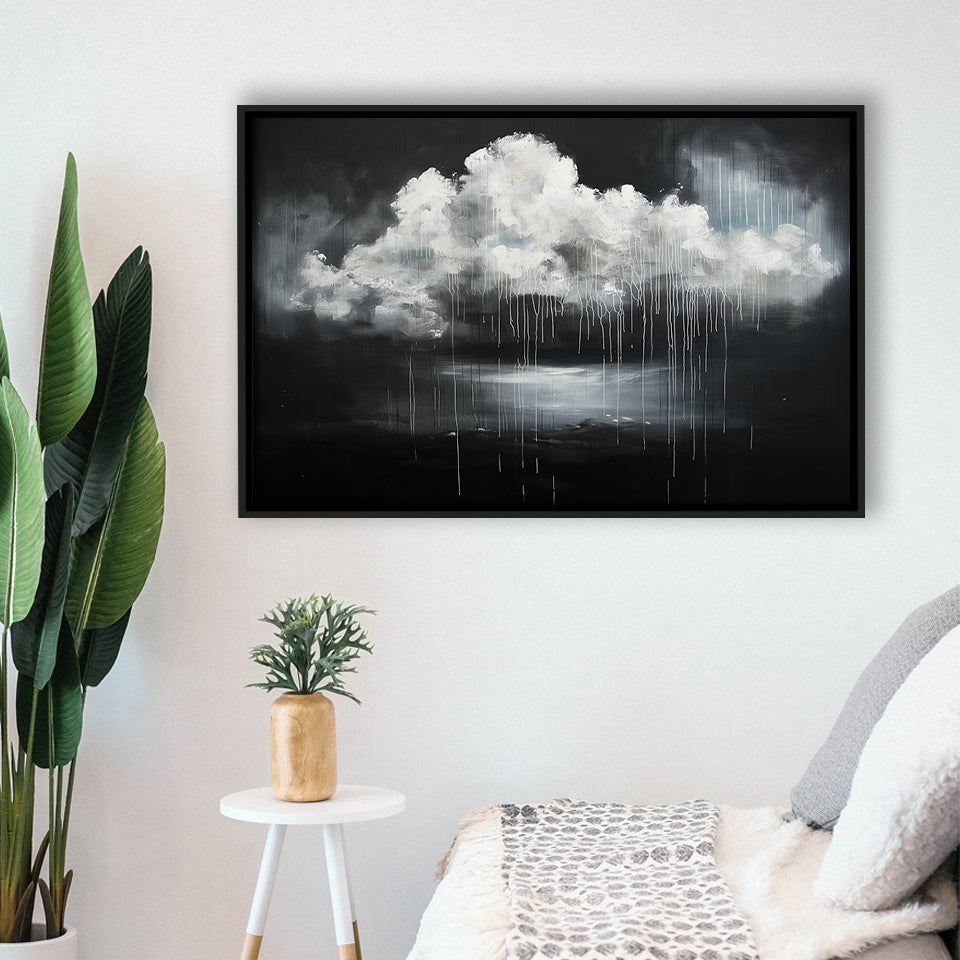 White Cloud Raining Oil Painting Vintage Dark Art, Framed Canvas Print Wall Art Decor,Floating Frame