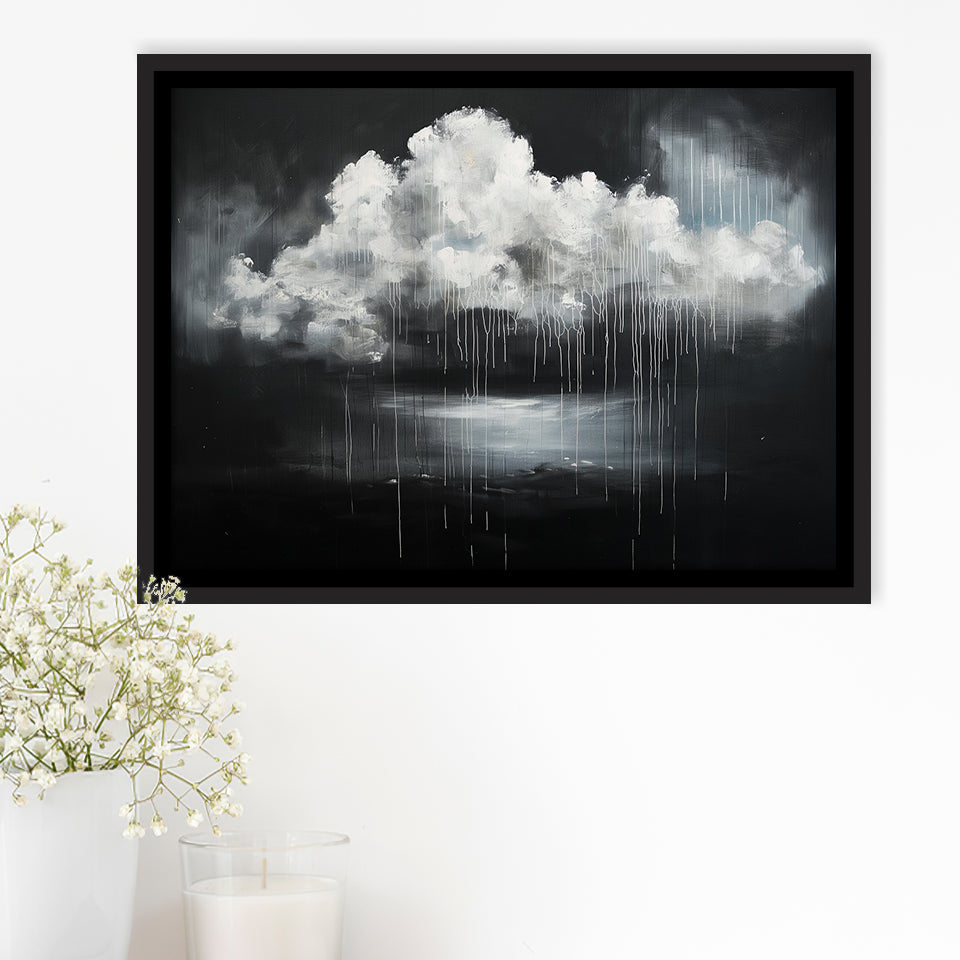 White Cloud Raining Oil Painting Vintage Dark Art, Framed Canvas Print Wall Art Decor,Floating Frame