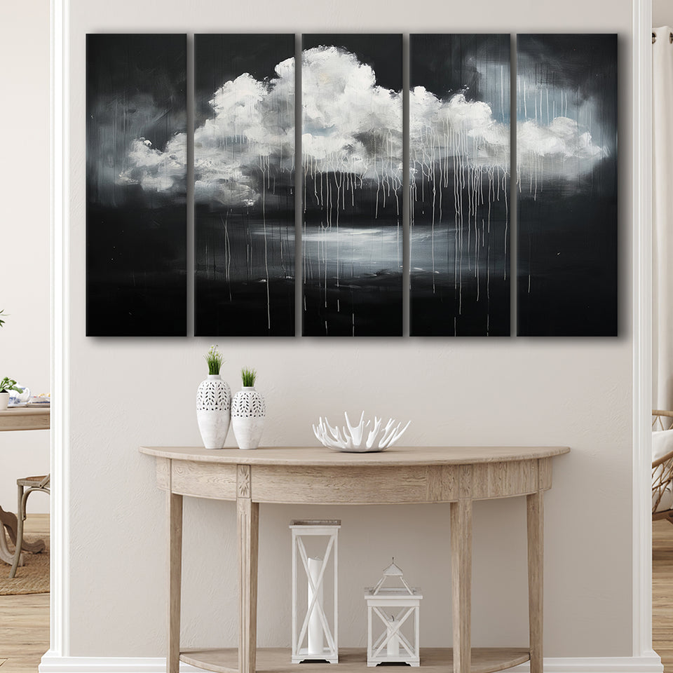 White Cloud Raining Oil Painting Vintage Dark Art, Extra Large Multi 5 Panel Canvas Print Wall Art Decor