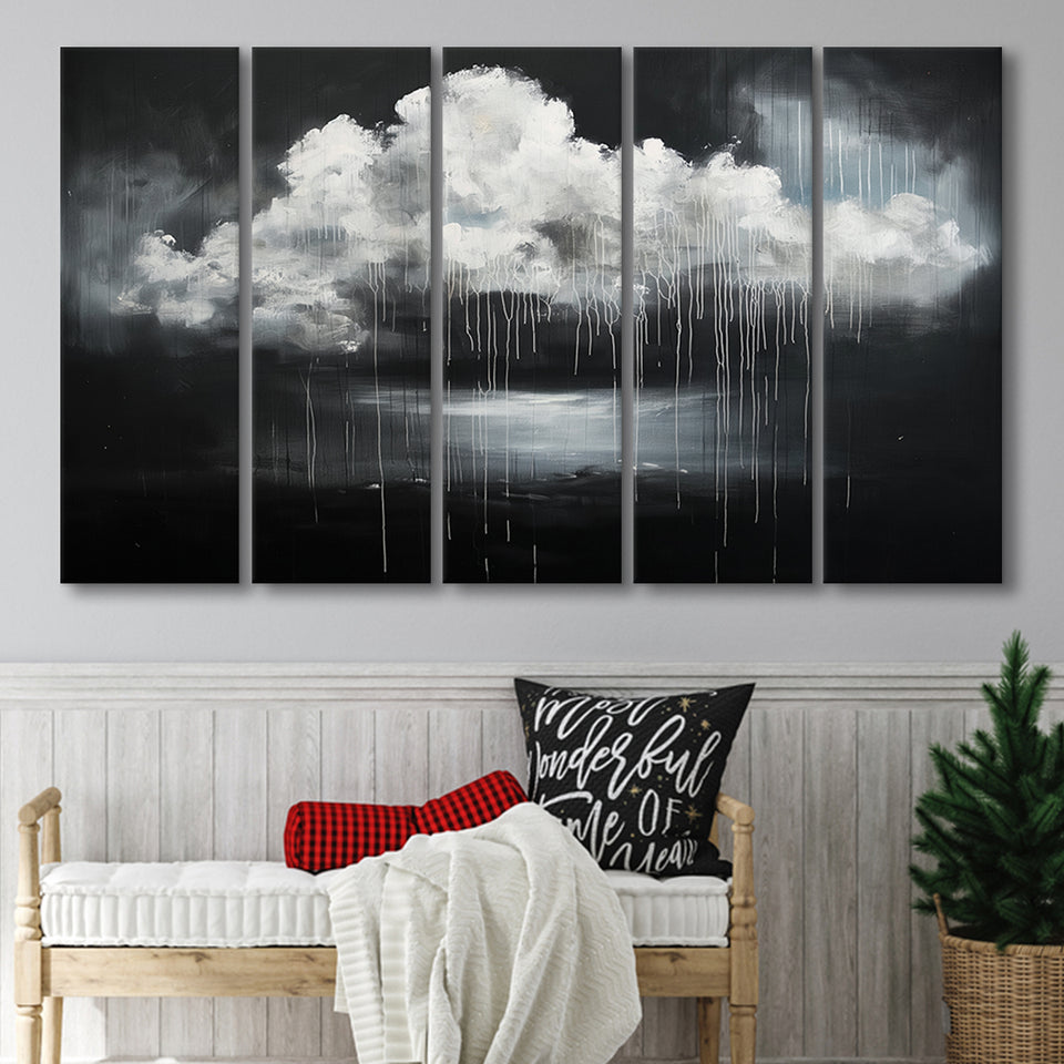 White Cloud Raining Oil Painting Vintage Dark Art, Extra Large Multi 5 Panel Canvas Print Wall Art Decor