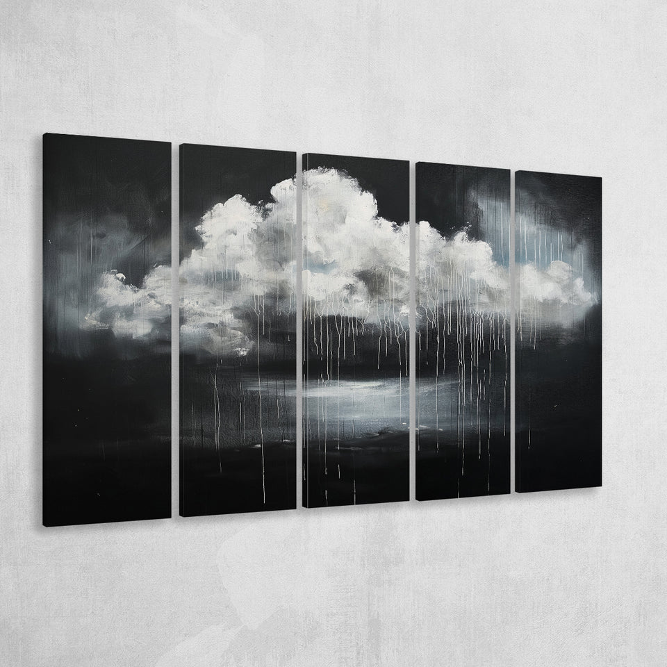 White Cloud Raining Oil Painting Vintage Dark Art, Extra Large Multi 5 Panel Canvas Print Wall Art Decor