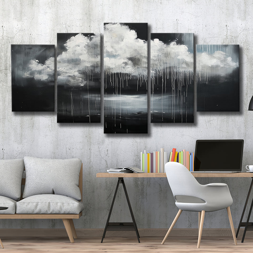 White Cloud Raining Oil Painting Vintage Dark Art, Multi Panel Canvas Print Wall Art Decor, 5 Mixed Panel