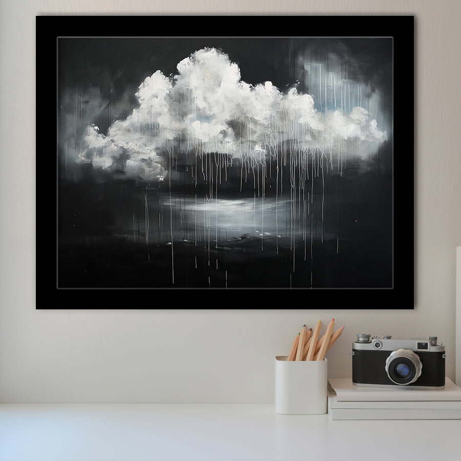 White Cloud Raining Oil Painting Vintage Dark Art, Framed Art Print Wall Decor, Framed Picture