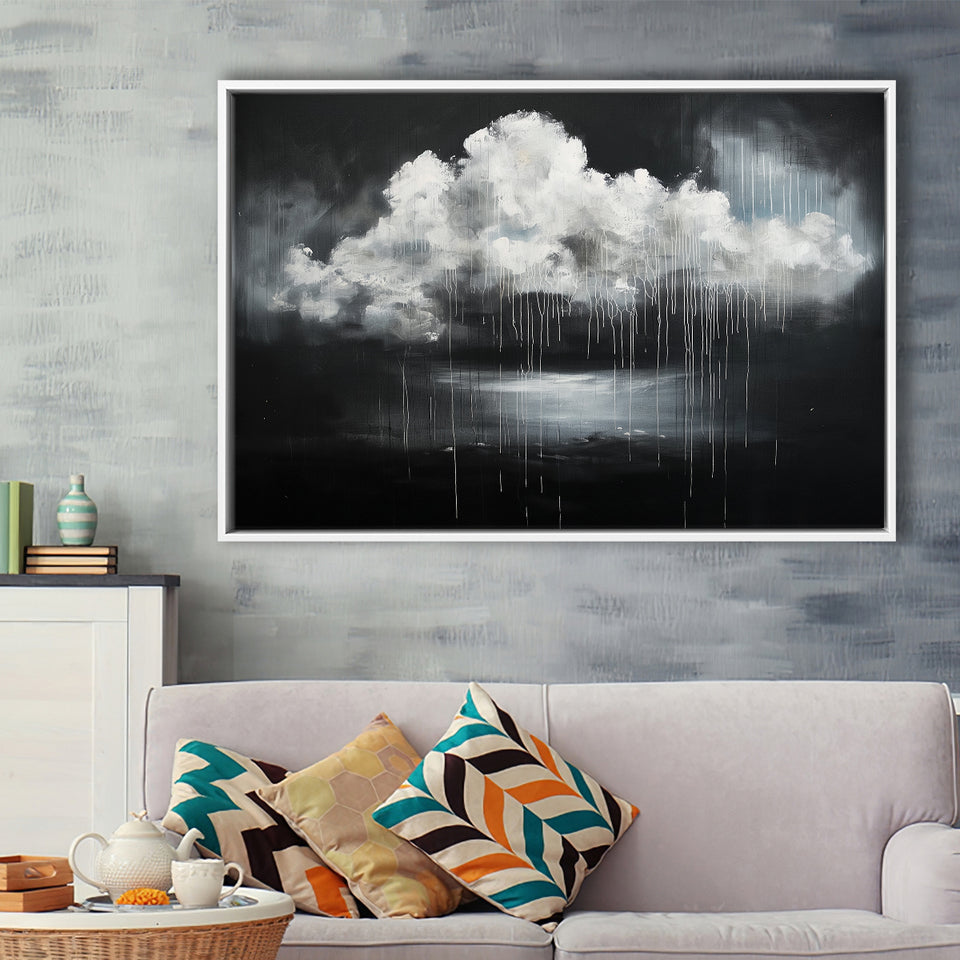 White Cloud Raining Oil Painting Vintage Dark Art, Framed Canvas Print Wall Art Decor,Floating Frame