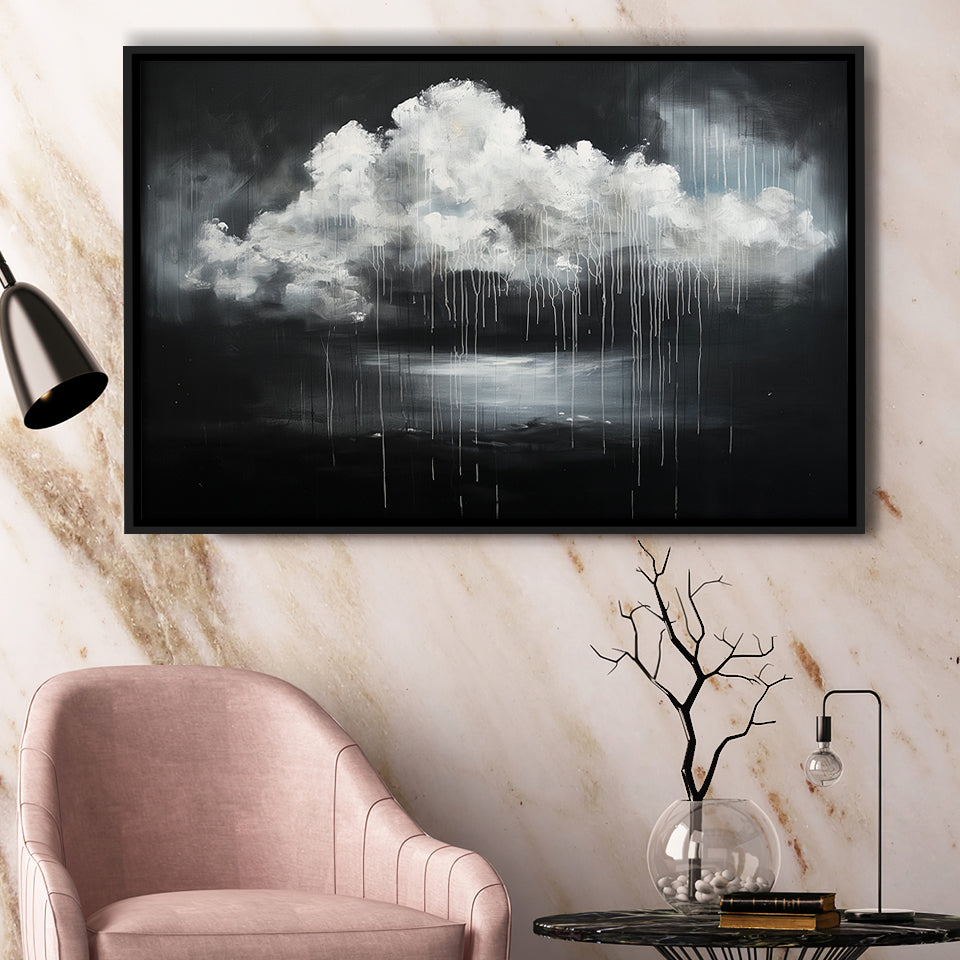 White Cloud Raining Oil Painting Vintage Dark Art, Framed Canvas Print Wall Art Decor,Floating Frame