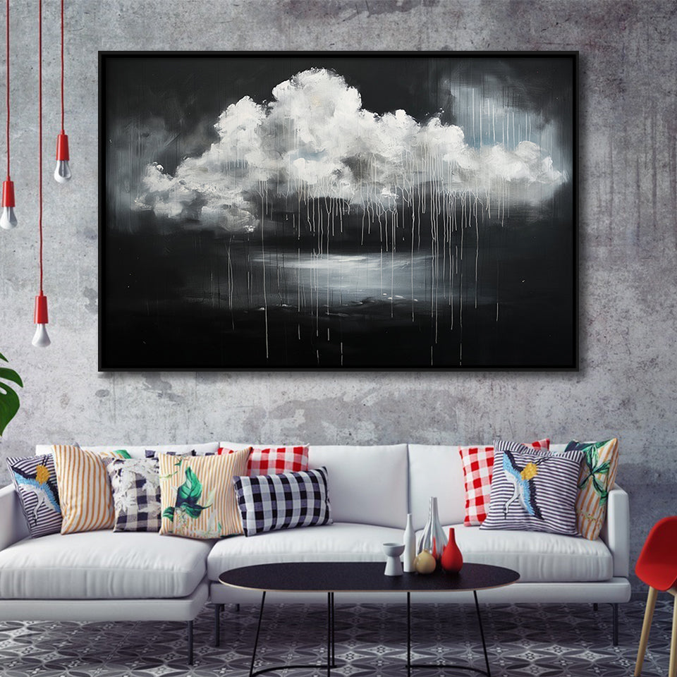 White Cloud Raining Oil Painting Vintage Dark Art, Framed Canvas Print Wall Art Decor,Floating Frame