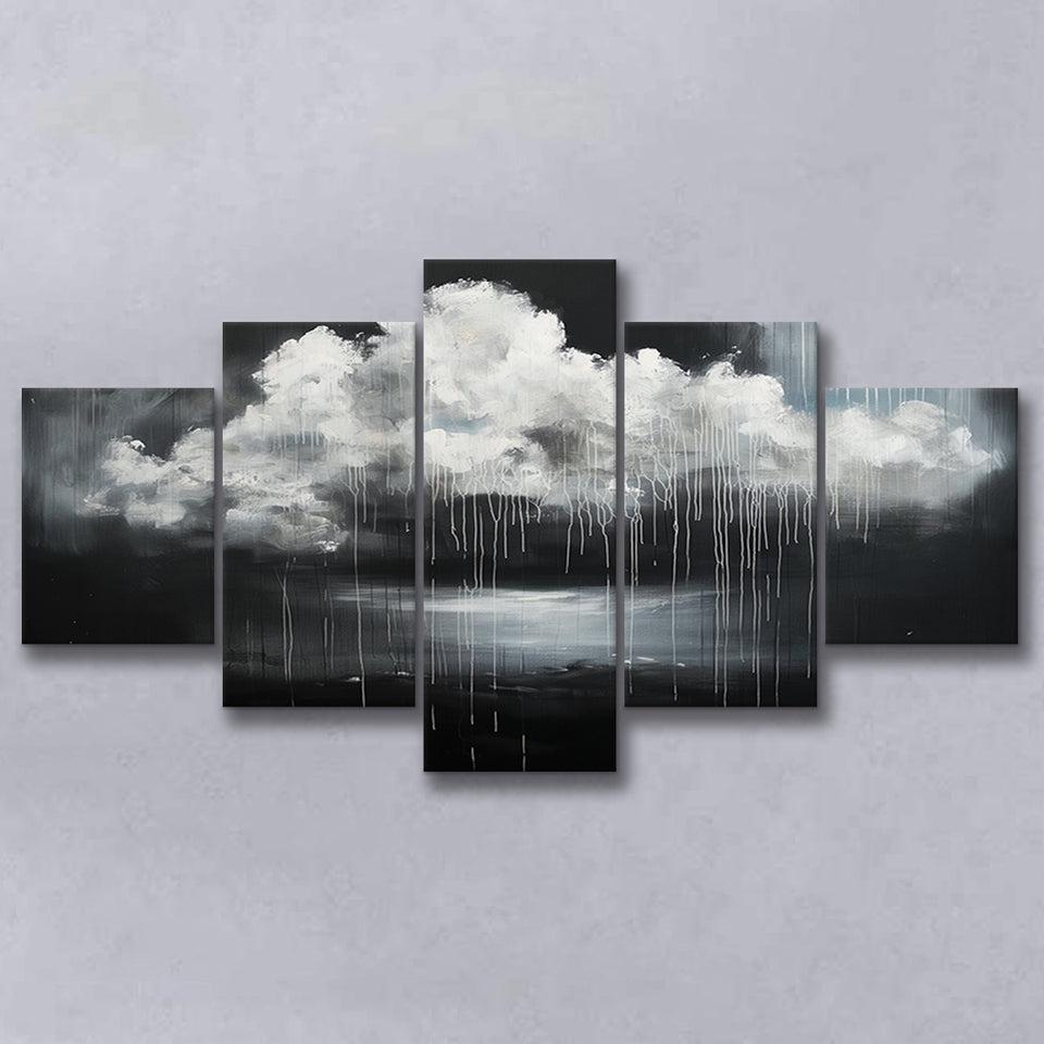 White Cloud Raining Oil Painting Vintage Dark Art, Multi Panel Canvas Print Wall Art Decor, 5 Mixed Panel