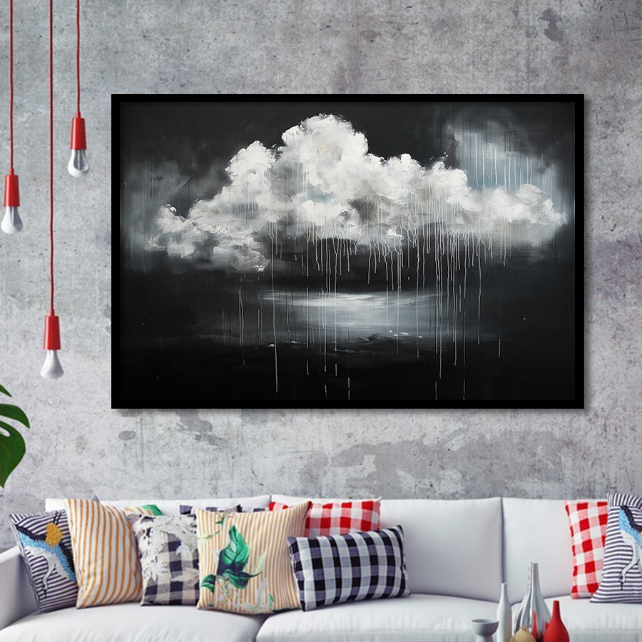 White Cloud Raining Oil Painting Vintage Dark Art, Framed Art Print Wall Decor, Framed Picture