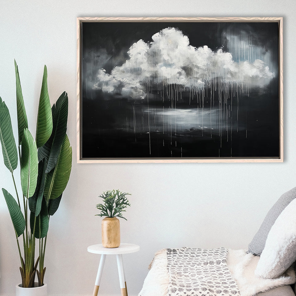 White Cloud Raining Oil Painting Vintage Dark Art, Framed Canvas Print Wall Art Decor,Floating Frame