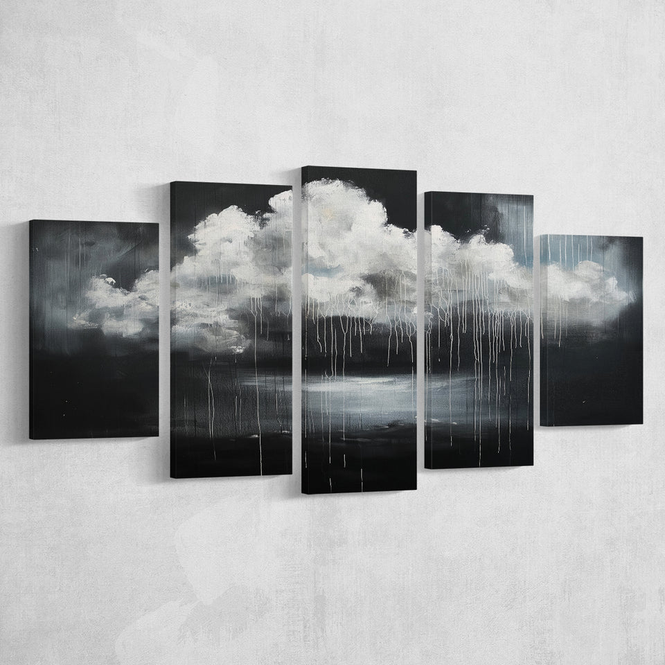 White Cloud Raining Oil Painting Vintage Dark Art, Multi Panel Canvas Print Wall Art Decor, 5 Mixed Panel