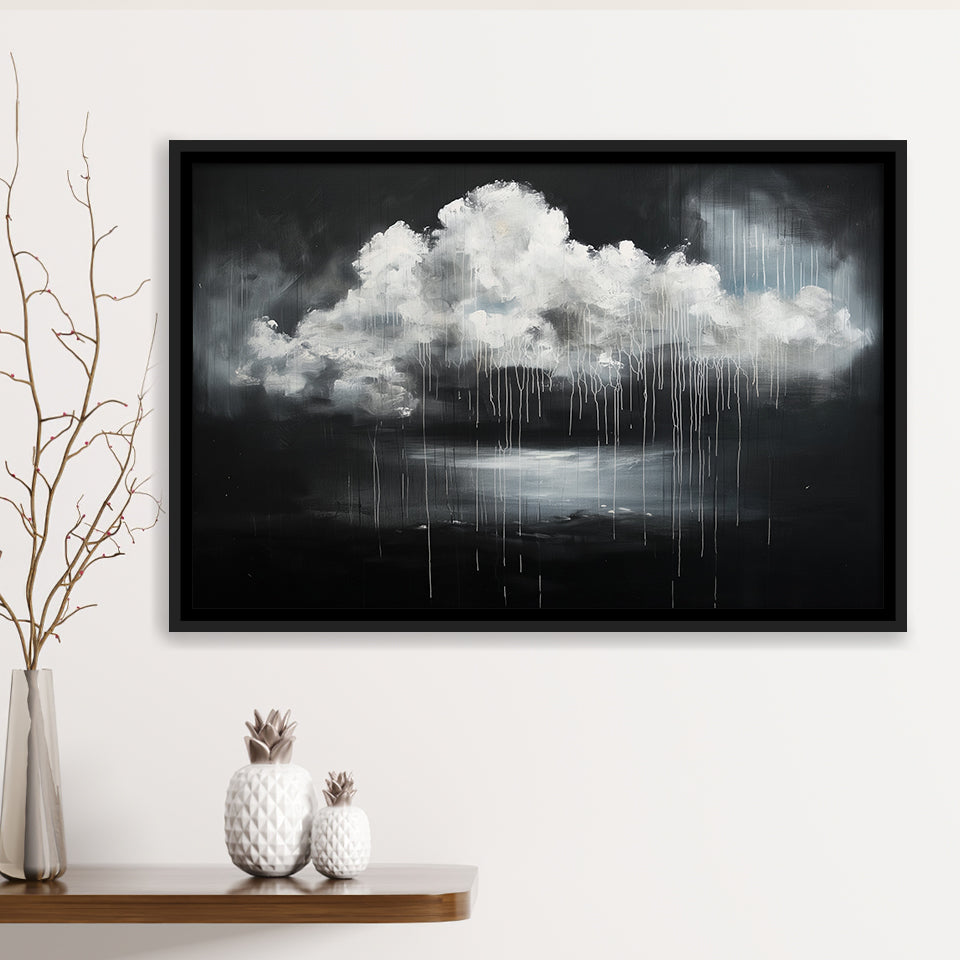 White Cloud Raining Oil Painting Vintage Dark Art, Framed Canvas Print Wall Art Decor,Floating Frame