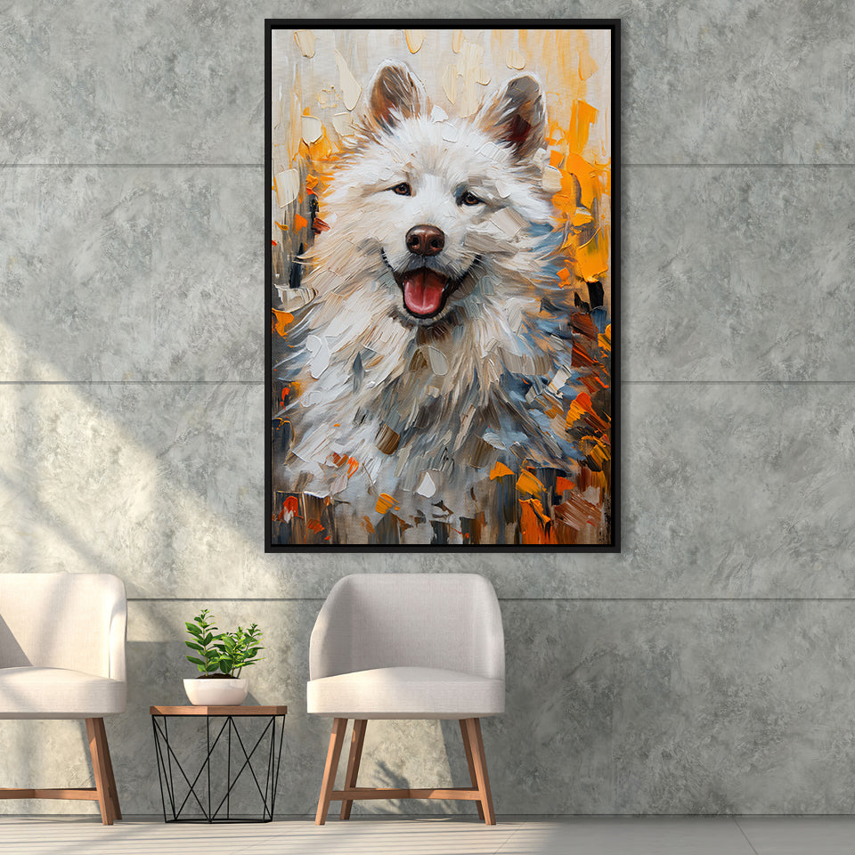 White Samoyed Dog, Dog Portrait Oil Painting, Pet Lover Art, Framed Canvas Prints Wall Art Decor, Floating Frame