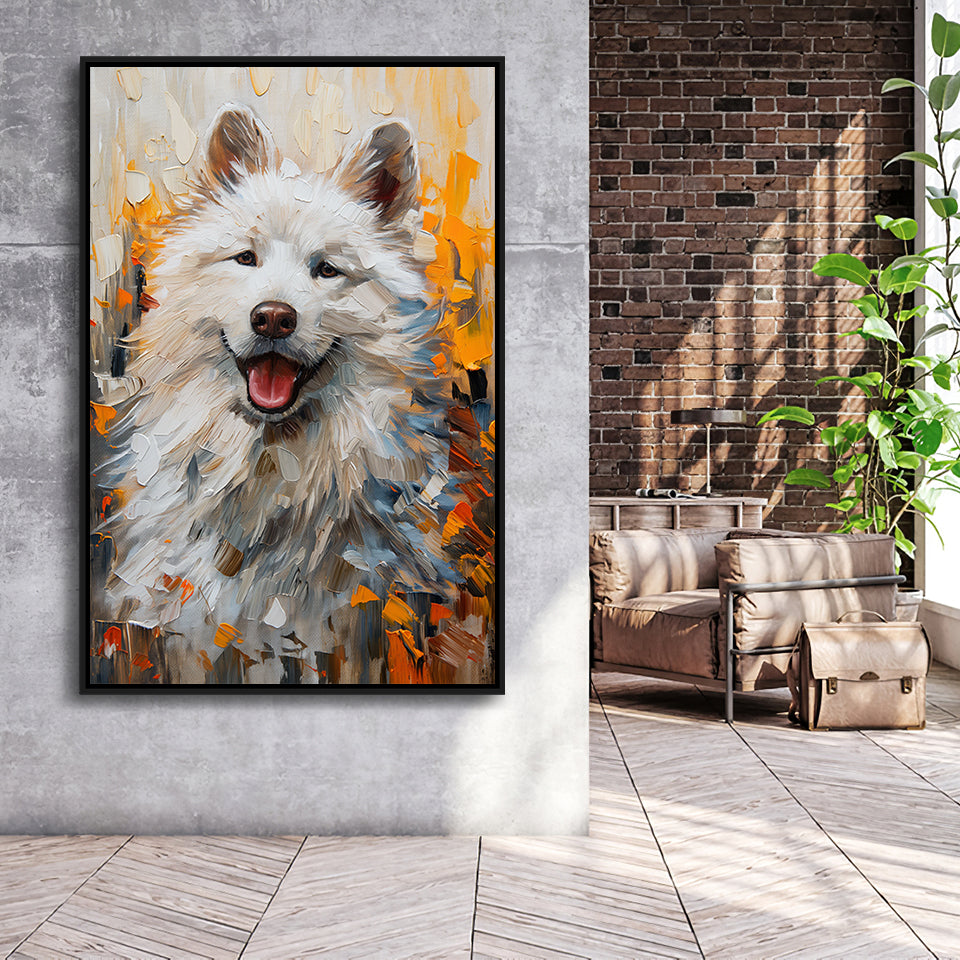White Samoyed Dog, Dog Portrait Oil Painting, Pet Lover Art, Framed Canvas Prints Wall Art Decor, Floating Frame