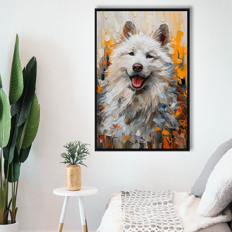 White Samoyed Dog, Dog Portrait Oil Painting, Pet Lover Art, Framed Canvas Prints Wall Art Decor, Floating Frame