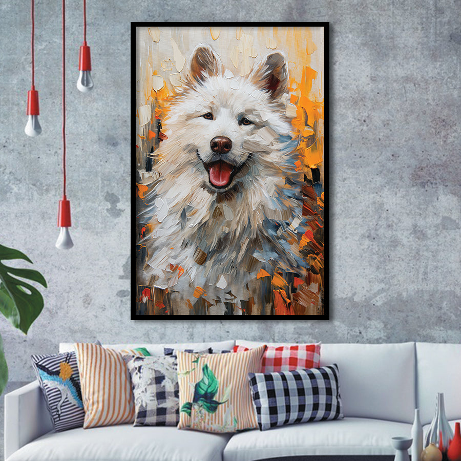 White Samoyed Dog, Dog Portrait Oil Painting, Pet Lover Art, Framed Art Prints Wall Art Decor, Framed Picture Print