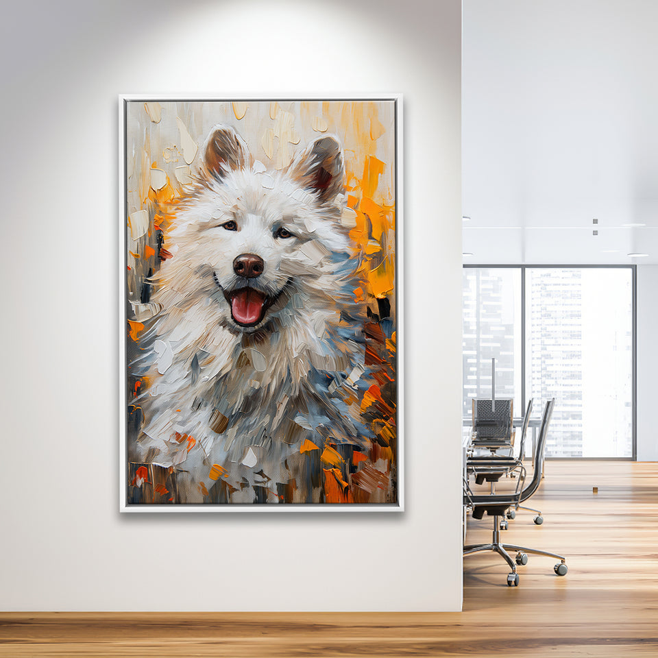 White Samoyed Dog, Dog Portrait Oil Painting, Pet Lover Art, Framed Canvas Prints Wall Art Decor, Floating Frame