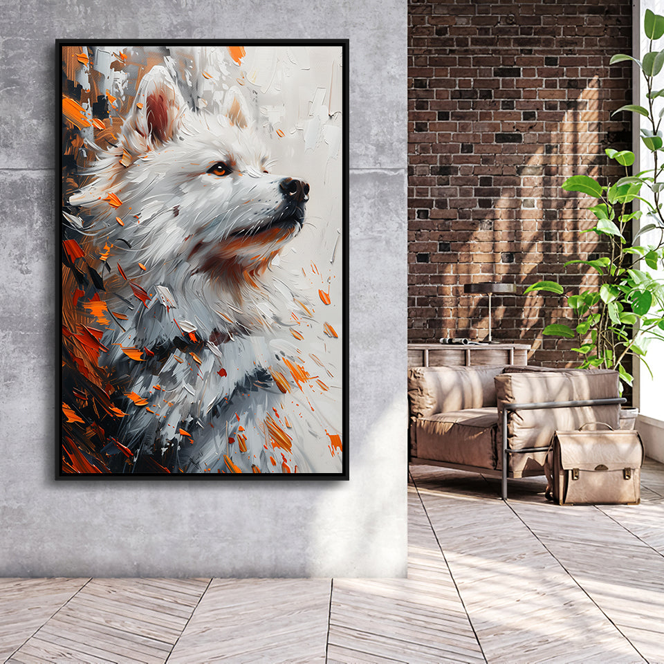 White Samoyed  Portrait, Dog Oil Painting, Pet Lover Art, Framed Canvas Prints Wall Art Decor, Floating Frame