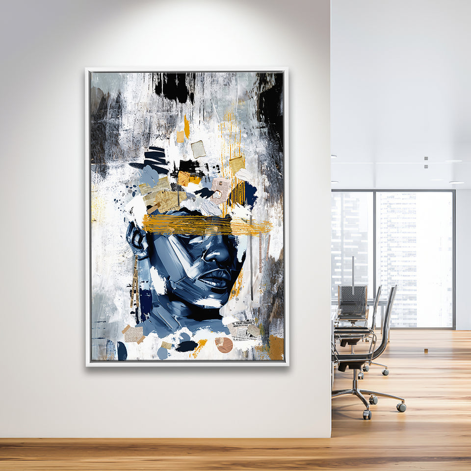 Potrait Abstract Face, African American Blue And Grey Art, Framed Canvas Prints Wall Art Decor, Floating Frame