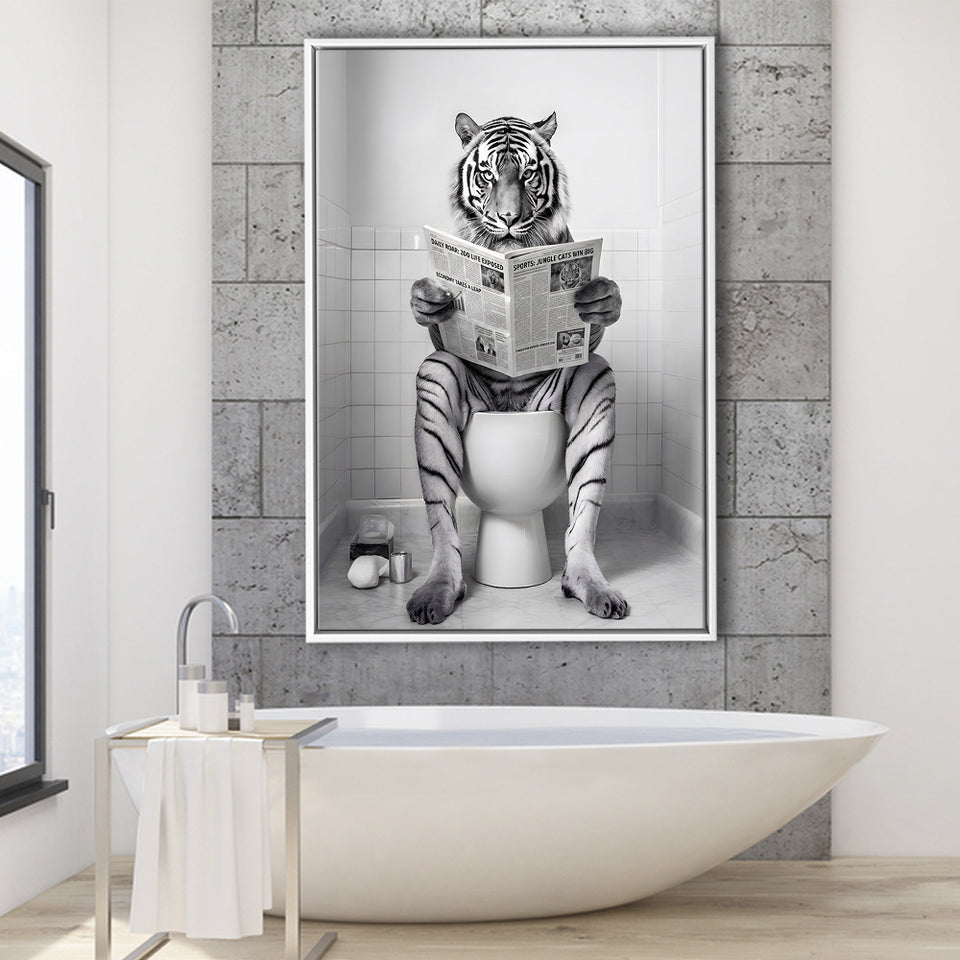 Tiger Framed Canvas Prints Wall Art, Funny Bathroom Decor, Tiger In Toilet