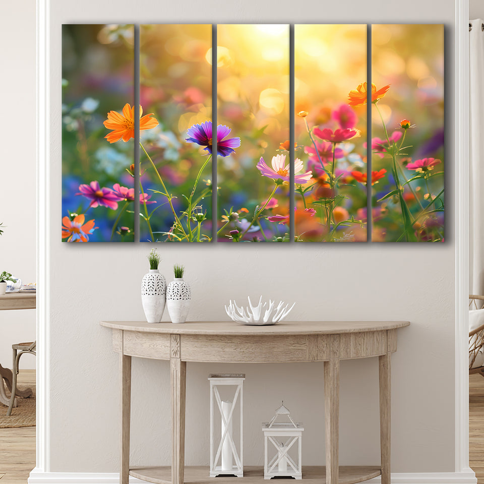 Wildflower in sunser, Bright Floral Art, Mixed 5 Panel B Canvas Print Wall Art Decor, Extra Large Painting Canvas