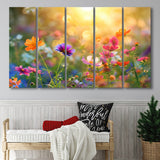 Wildflower in sunser, Bright Floral Art, Mixed 5 Panel B Canvas Print Wall Art Decor, Extra Large Painting Canvas