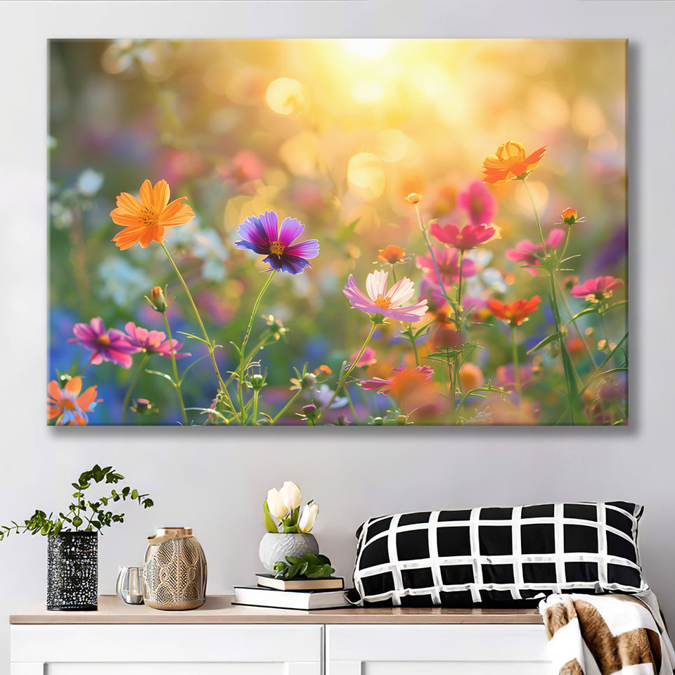 Wildflower in sunser, Bright Floral Art, Canvas Print Wall Art Home Decor, Painting Canvas Art Print