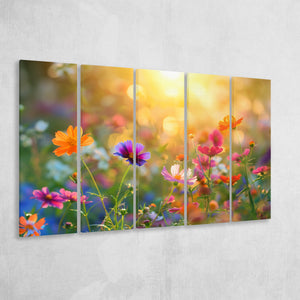Wildflower in sunser, Bright Floral Art, Mixed 5 Panel B Canvas Print Wall Art Decor, Extra Large Painting Canvas
