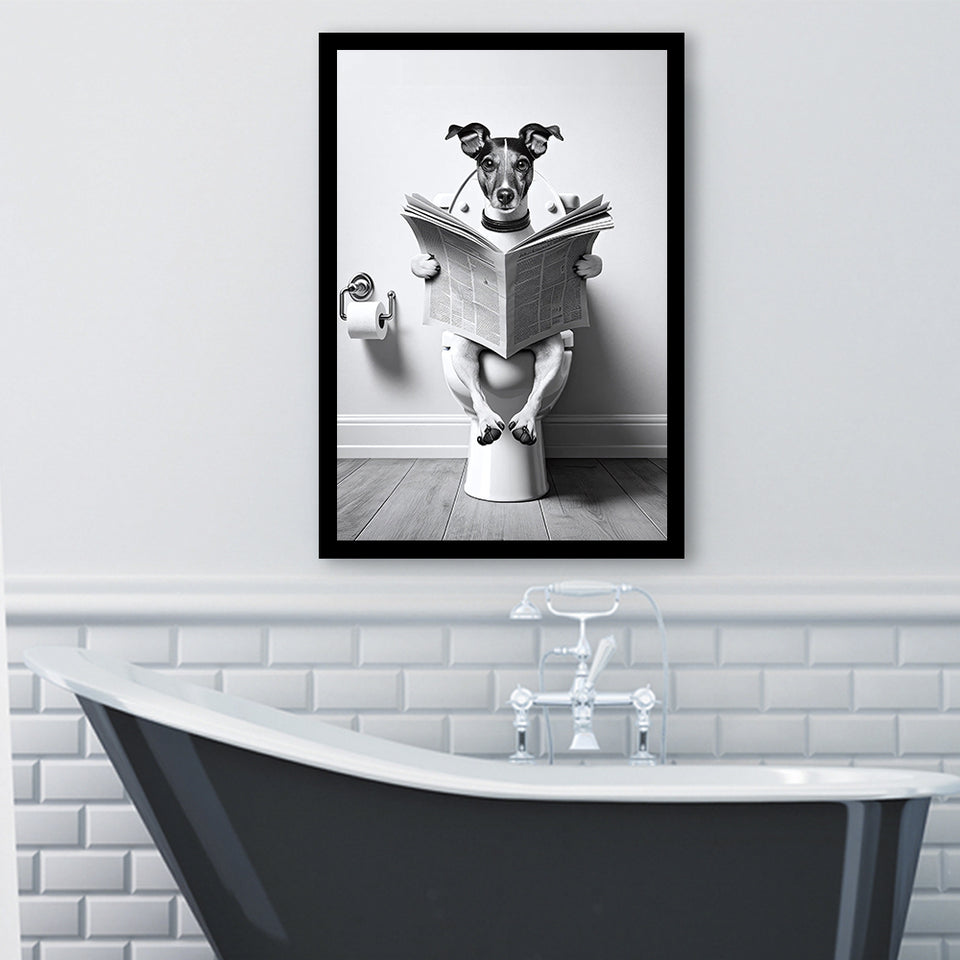 Wire Fox 1 Terrier Framed Art Print Wall Decor, Funny Bathroom Decor, Terrier In Toilet