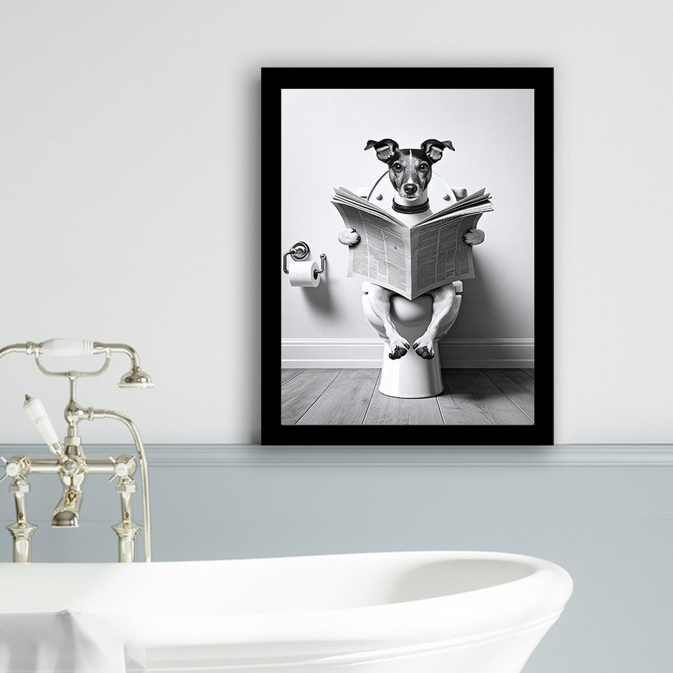 Wire Fox 1 Terrier Framed Art Print Wall Decor, Funny Bathroom Decor, Terrier In Toilet