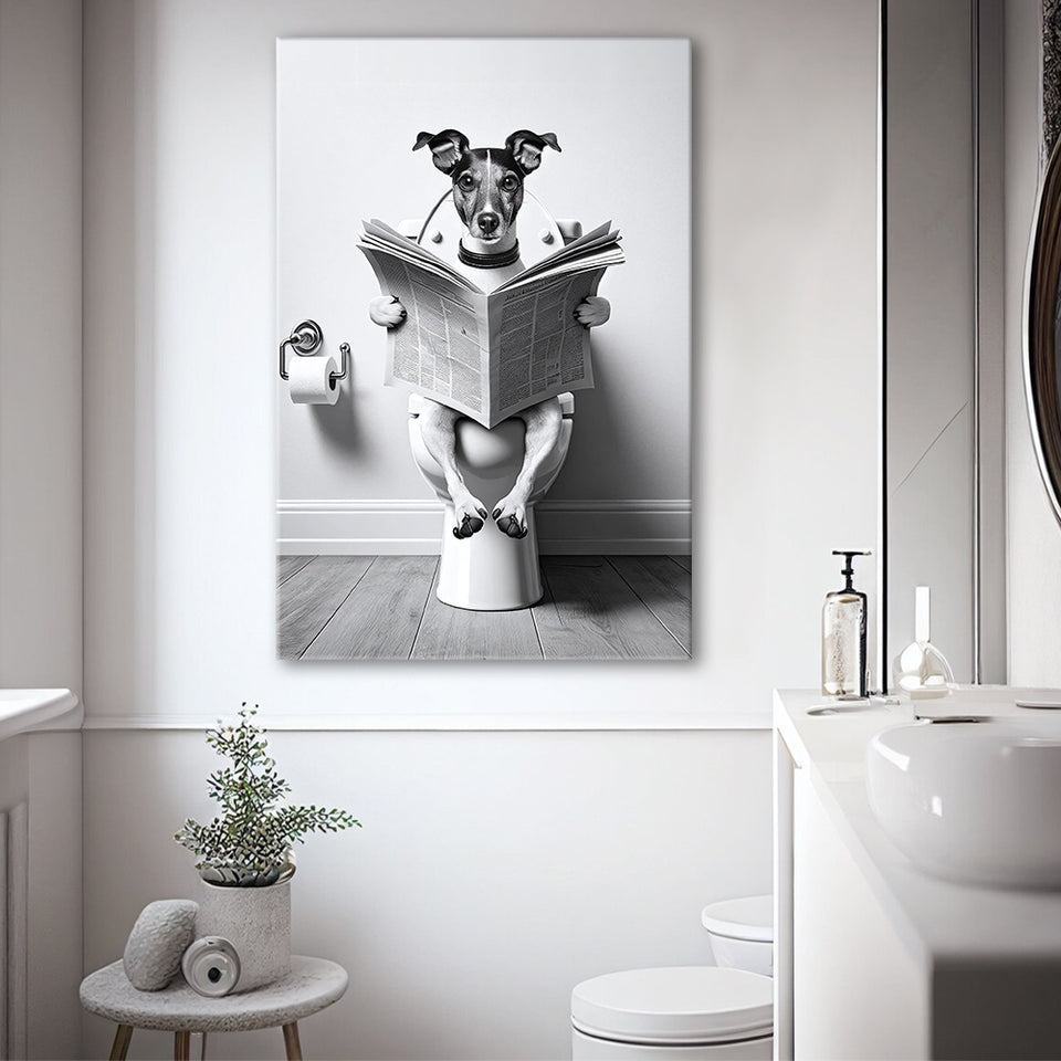 Wire Fox 1 Terrier Canvas Prints Wall Art, Funny Bathroom Decor, Terrier in Toilet