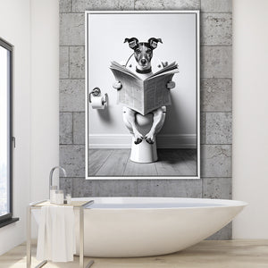 Wire Fox 1 Terrier Framed Canvas Prints Wall Art, Funny Bathroom Decor, Terrier In Toilet