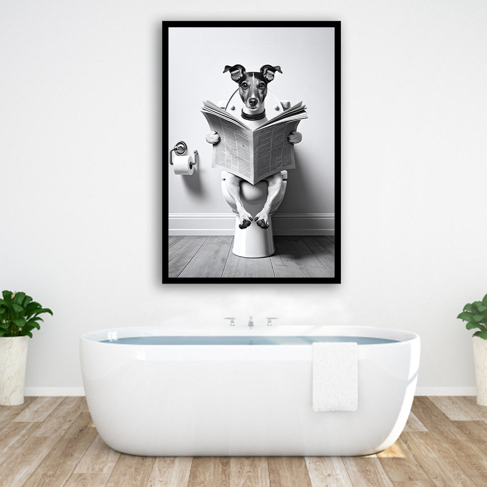 Wire Fox 1 Terrier Framed Art Print Wall Decor, Funny Bathroom Decor, Terrier In Toilet