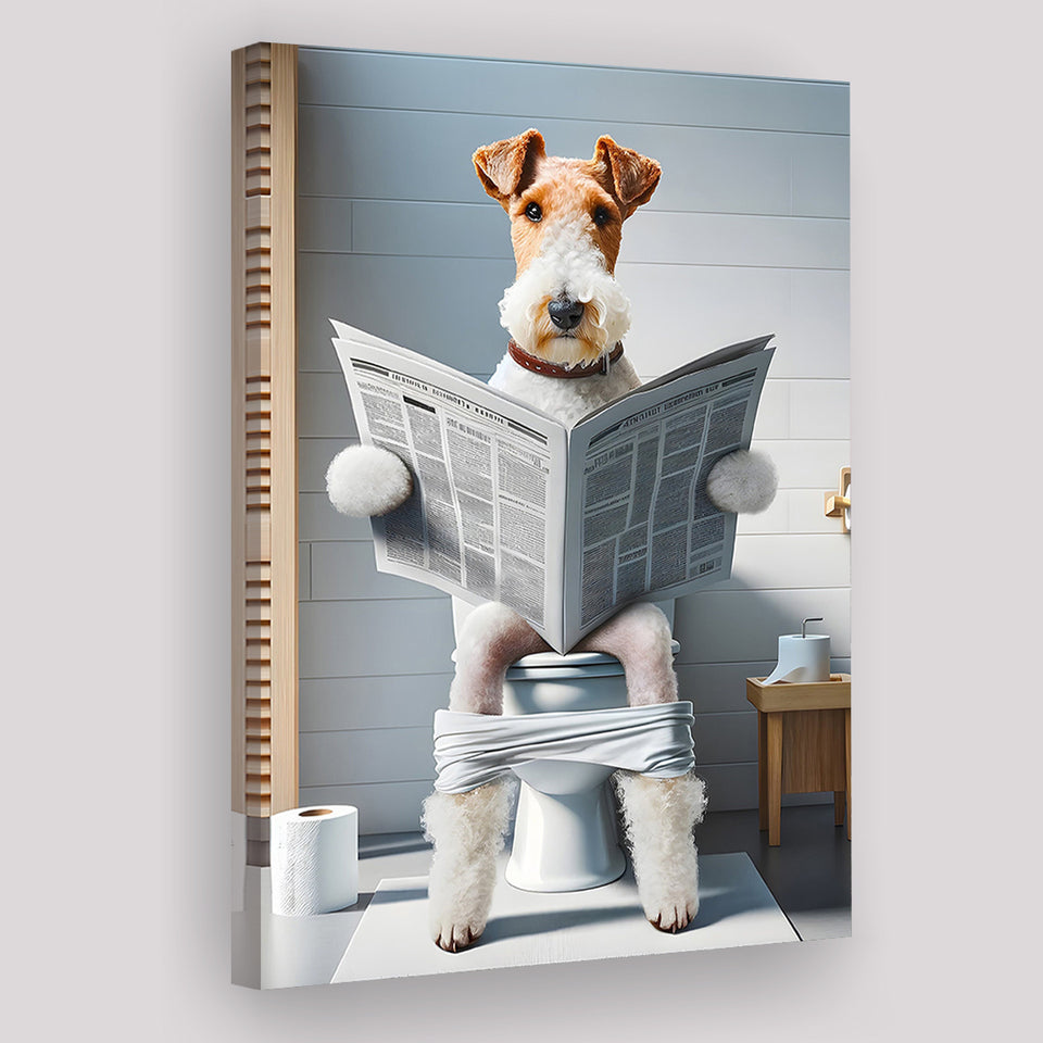Wire Fox Terrier Canvas Prints Wall Art, Funny Bathroom Decor, Terrier in Toilet