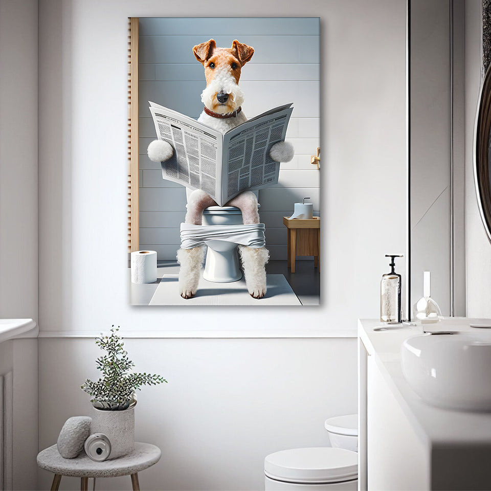 Wire Fox Terrier Canvas Prints Wall Art, Funny Bathroom Decor, Terrier in Toilet