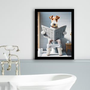 Wire Fox Terrier Framed Art Print Wall Decor, Funny Bathroom Decor, Terrier In Toilet