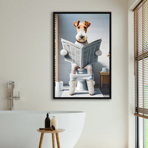 Wire Fox Terrier Framed Canvas Prints Wall Art, Funny Bathroom Decor, Terrier In Toilet