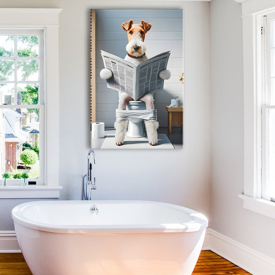 Wire Fox Terrier Canvas Prints Wall Art, Funny Bathroom Decor, Terrier in Toilet