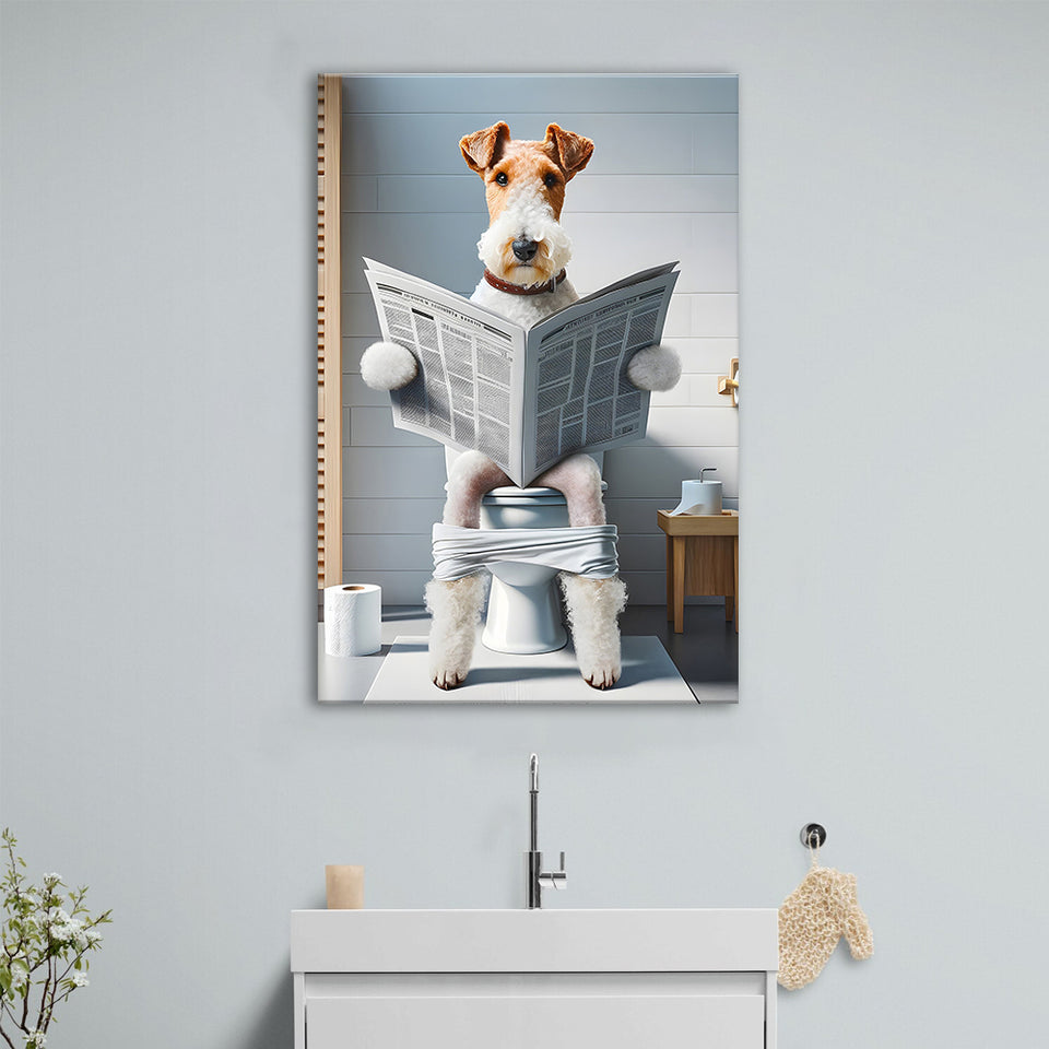 Wire Fox Terrier Canvas Prints Wall Art, Funny Bathroom Decor, Terrier in Toilet
